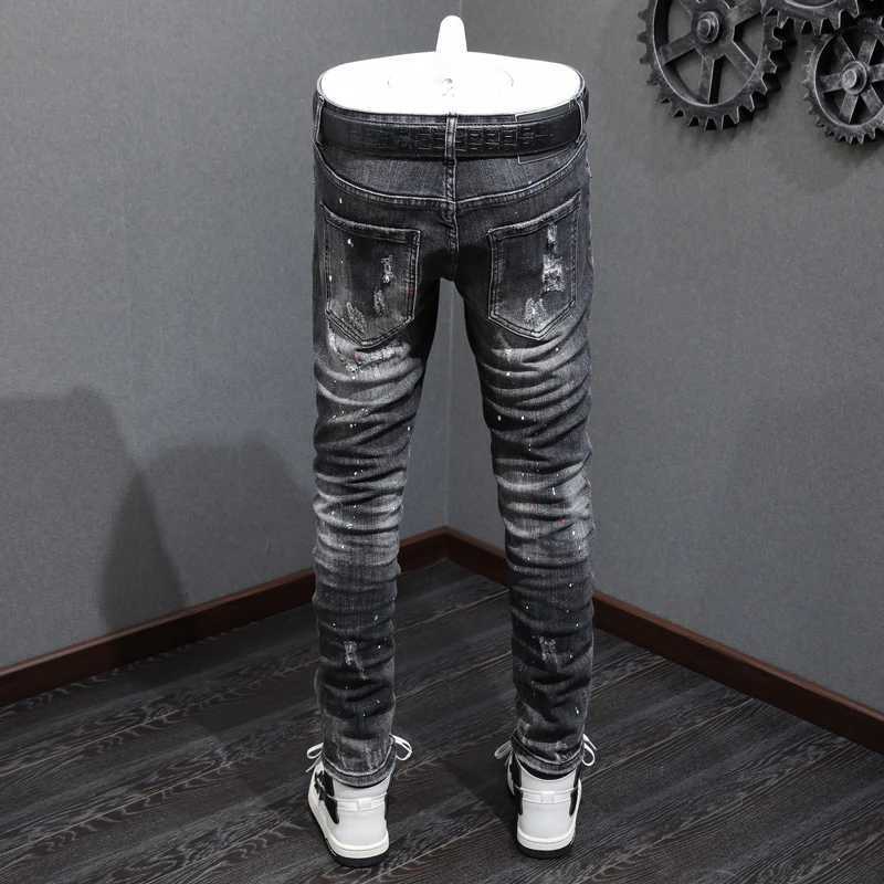 Street Fashion Men Jeans Retro Black Gray Elastic Slim Ripped Jeans Men Vintage Trousers Patched Painted Designer Hip Hop Pants J251030