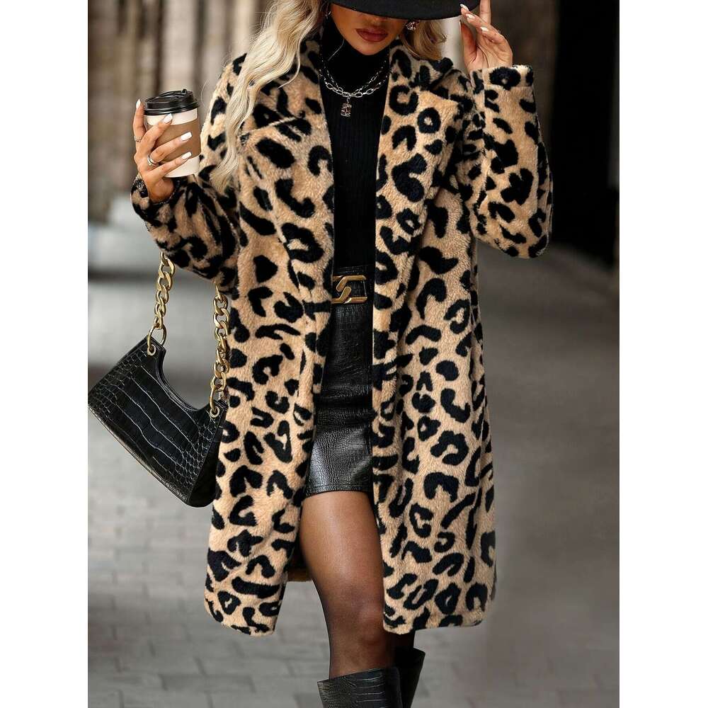 Leopard Print Coat Long Sleeve Loose Fit Jacket With Flip Collar Black Tan Animal Pattern Outerwear For Fall Winter Everyday Formal Outfits Women S