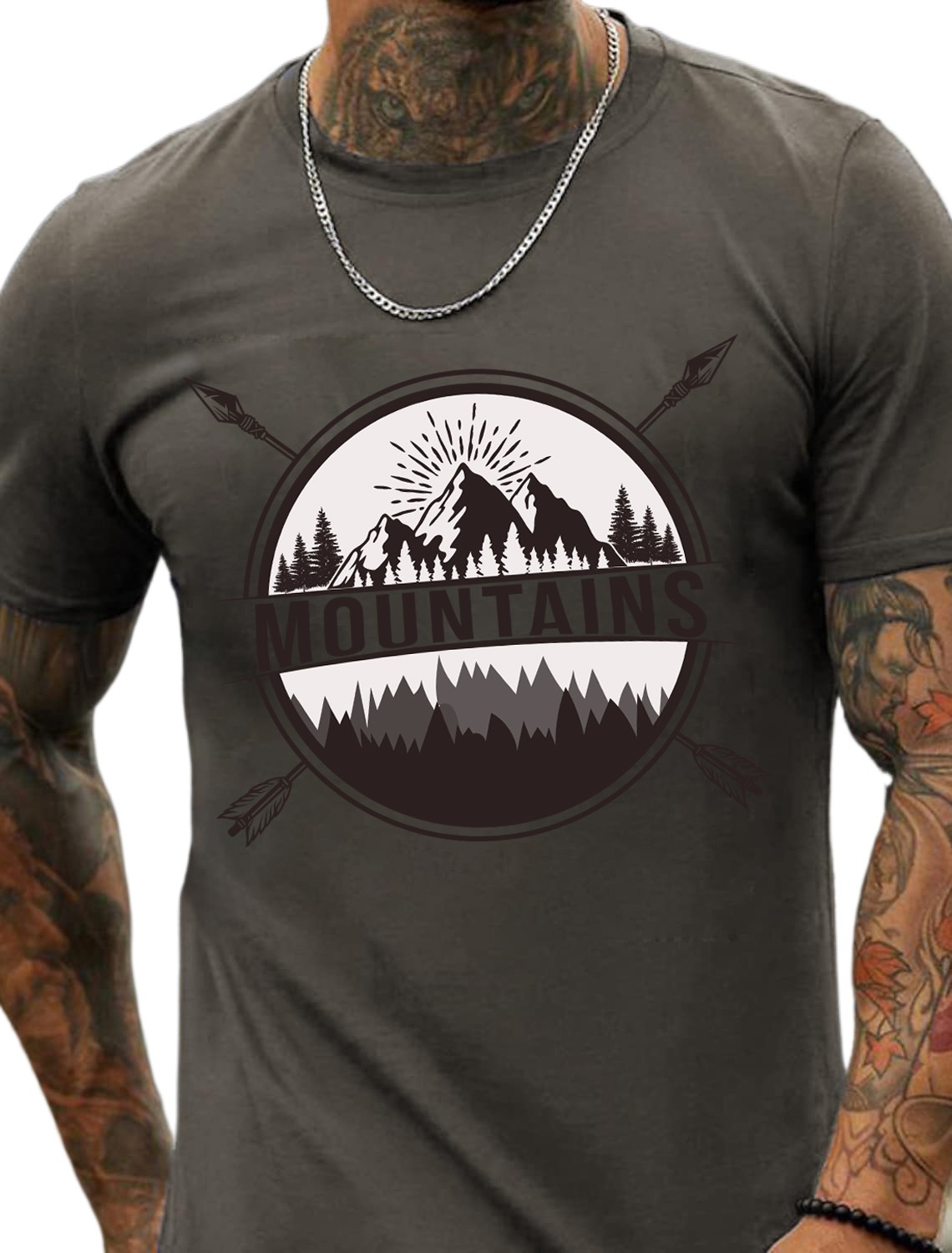 European and American Oversized MOUNTAINS Letter Print Sports T-Shirt for Men - Cotton Short Sleeve - TT7069