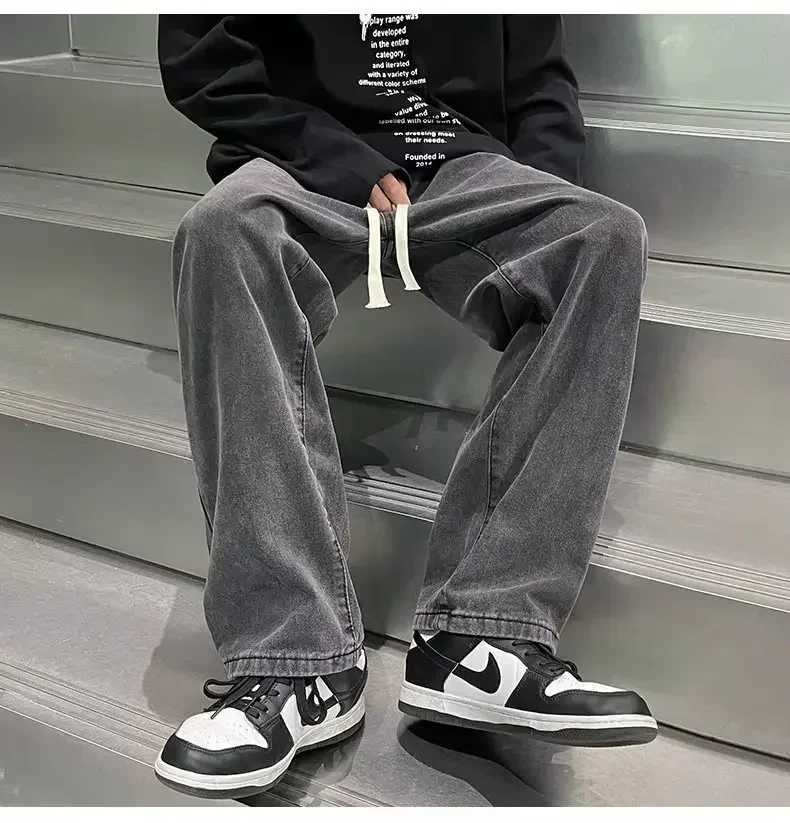 American Trendy Distressed Washed Jeans for Men Loose Fit Spring Vintage Style Split Design Slimming Pants J251030