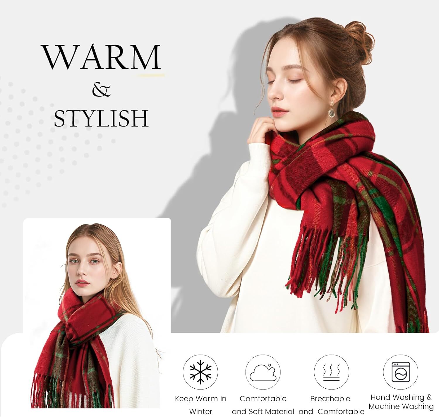 Custom Christmas gifts Winter Scarfs Women Womens Fashion Cashmere Scarf Plaid for Winter, Long Blanket, 79" x 28"