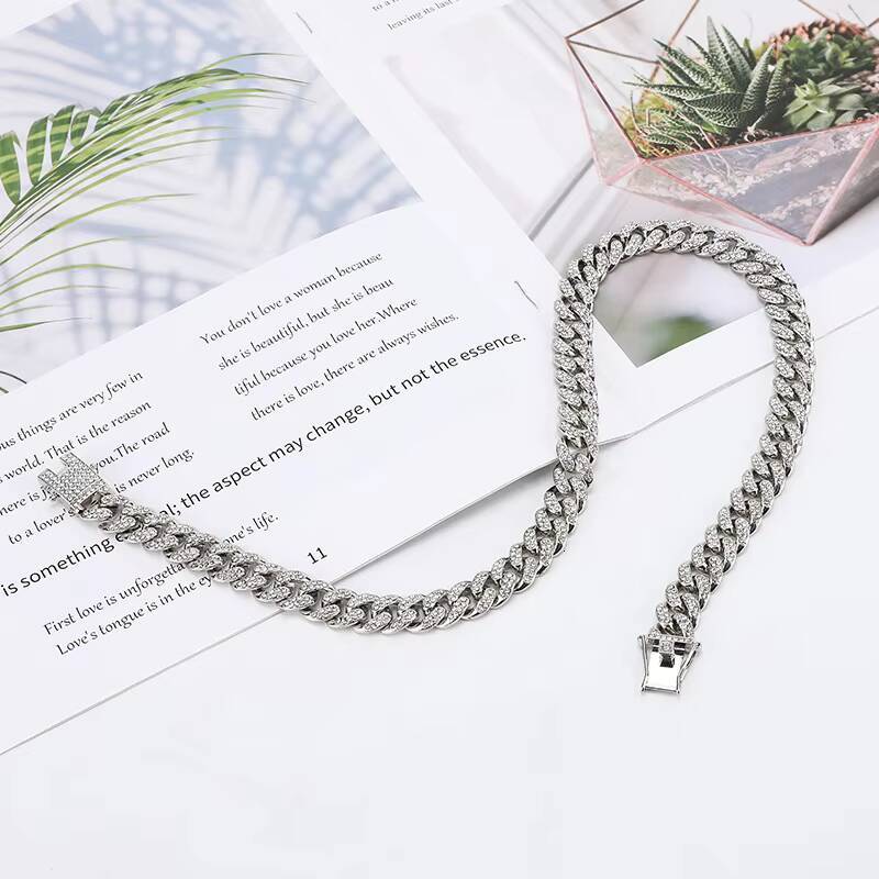 Wholesale High Quality Gold Golden Bling Rhinestone Miami Cuban Link Chain Necklace Hiphop Fashion Wedding Gift Zinc Alloy