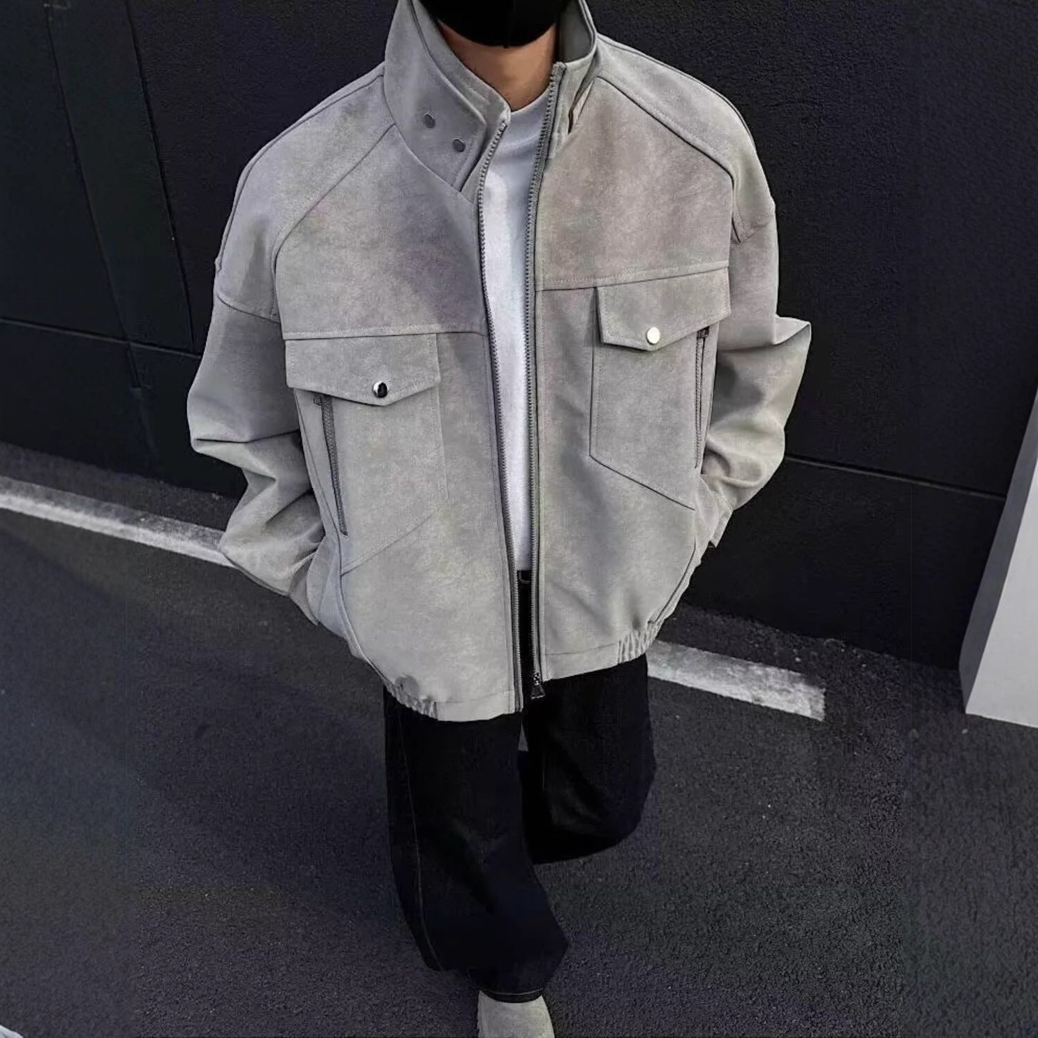 Pishi Designer Jacket American Style PU Leather Jacket For Men Trendy Brand Stand Collar Jacket Loose Fit Zipper Coat For Autumn High-end Feel Top