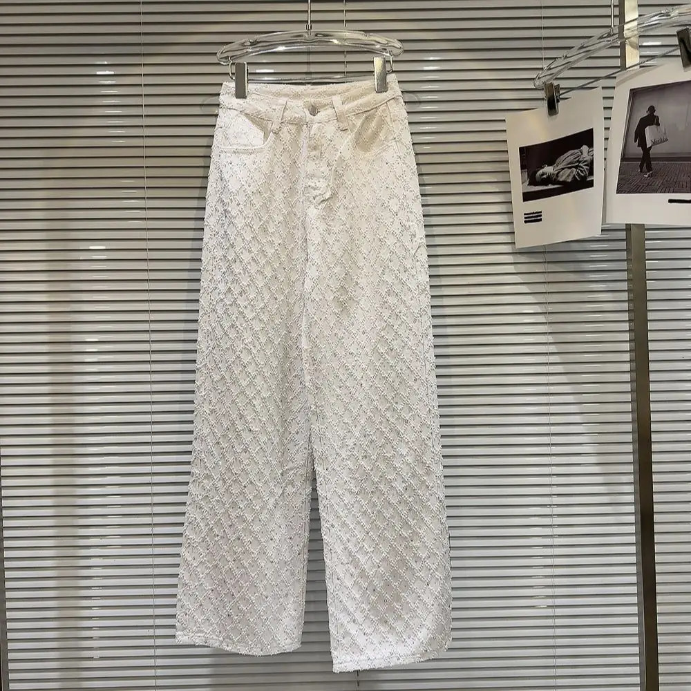 Spring Elegant Diamond Lattice Jacquard Pattern Washed and Worn Wide Leg Jeans 251029