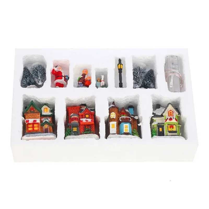 LED Resin Christmas Village Ornaments Set Figurines Decoration Santa Claus Pine Needles Snow View House Holiday Gift Home Decor C251030