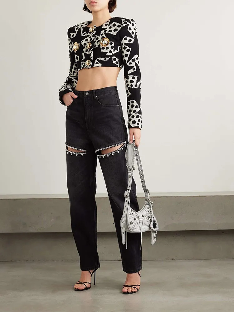 TWOTWINSTYLE Solid Patchwork Diamonds Denim Pants For Women High Waist Hollow Out Wide Leg Jeans Female Fashion 251029