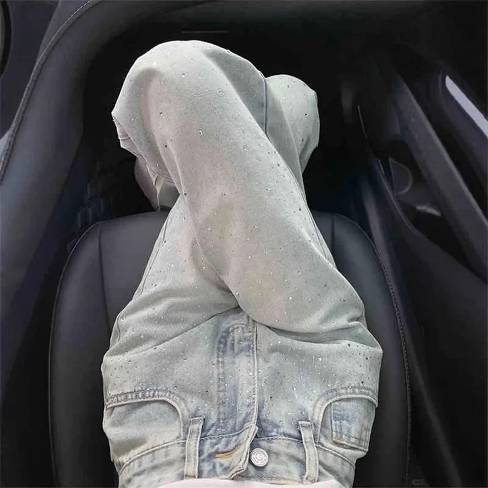 Retro Light Colored Heavy Rhinestone Straight Leg Denim Jeans Womens Casual High Waist Slimming Wide Leg Pants n Spring 20 251029