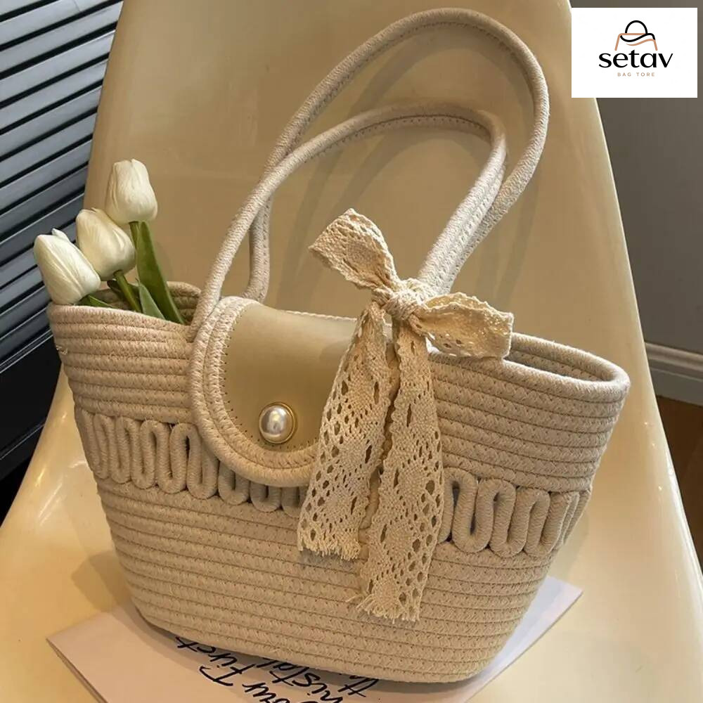 Luxury Handbag Retro Storage Cotton Handmade Handbag Rope Woven Countryside Style Beach Bag Handbag