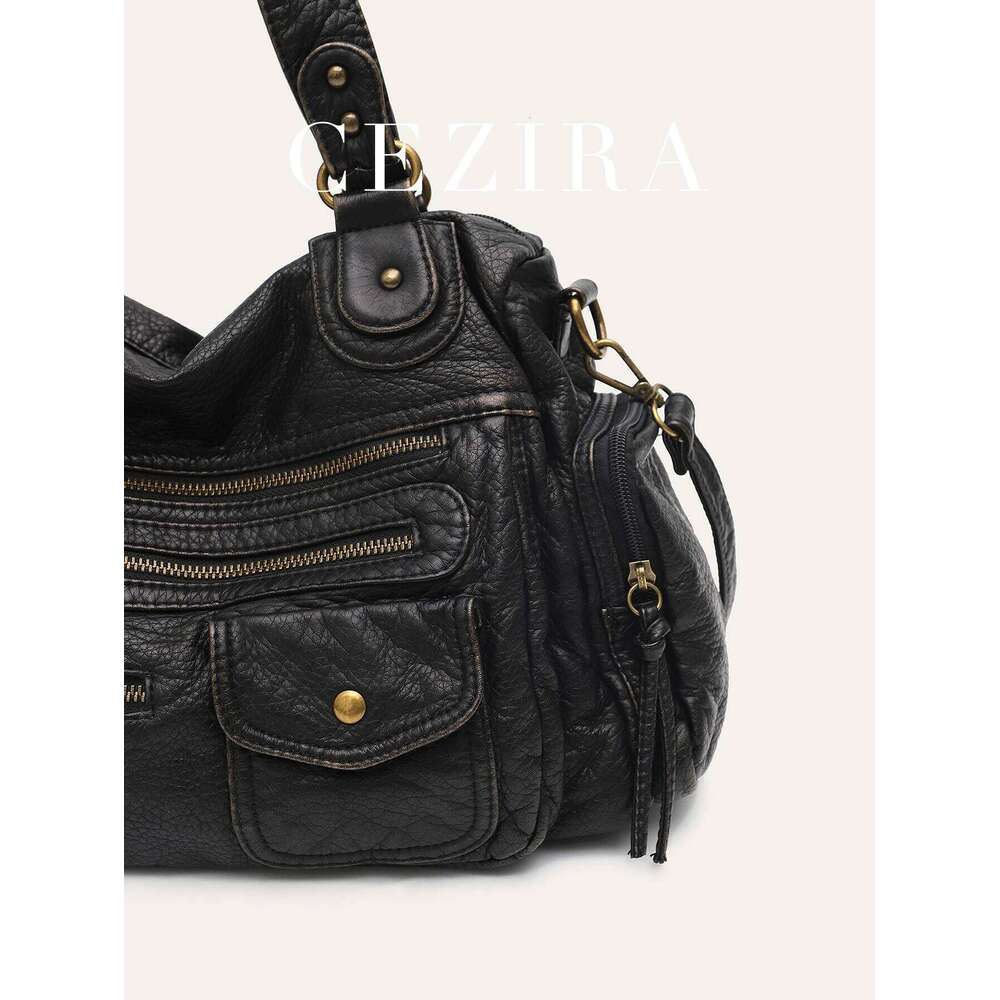 Vintage Women Unisex Brush-Off Color Washed PU Vegan Leather Zip Pockets Shoulder Cross Body Bag Large Retro Casual Daily Travel