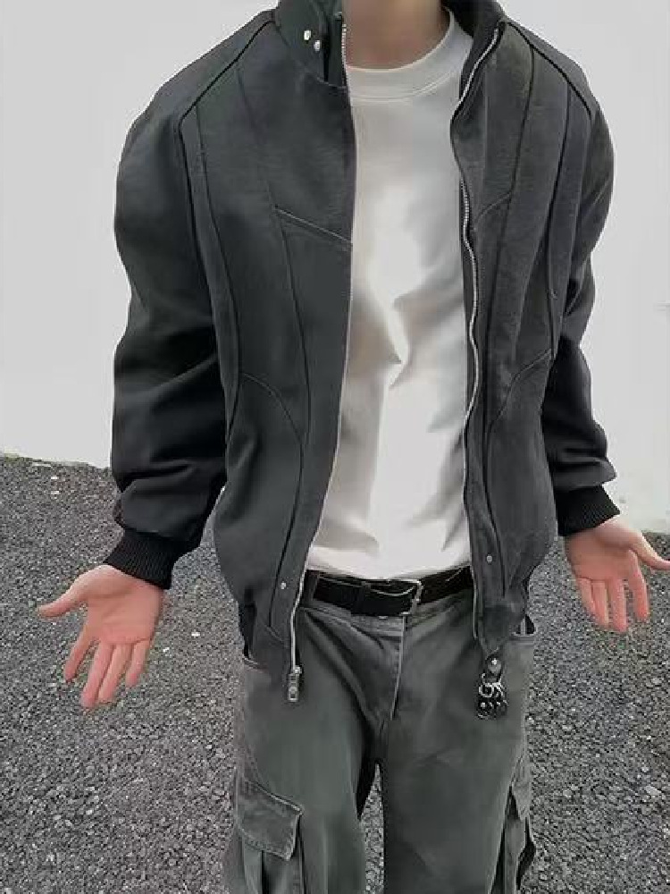 American Style Blue Workwear Jacket For Men Spring And Autumn Coat Designer Jacket With High-end Feel Stylish And Cool Oversized Stand Collar Short Ba