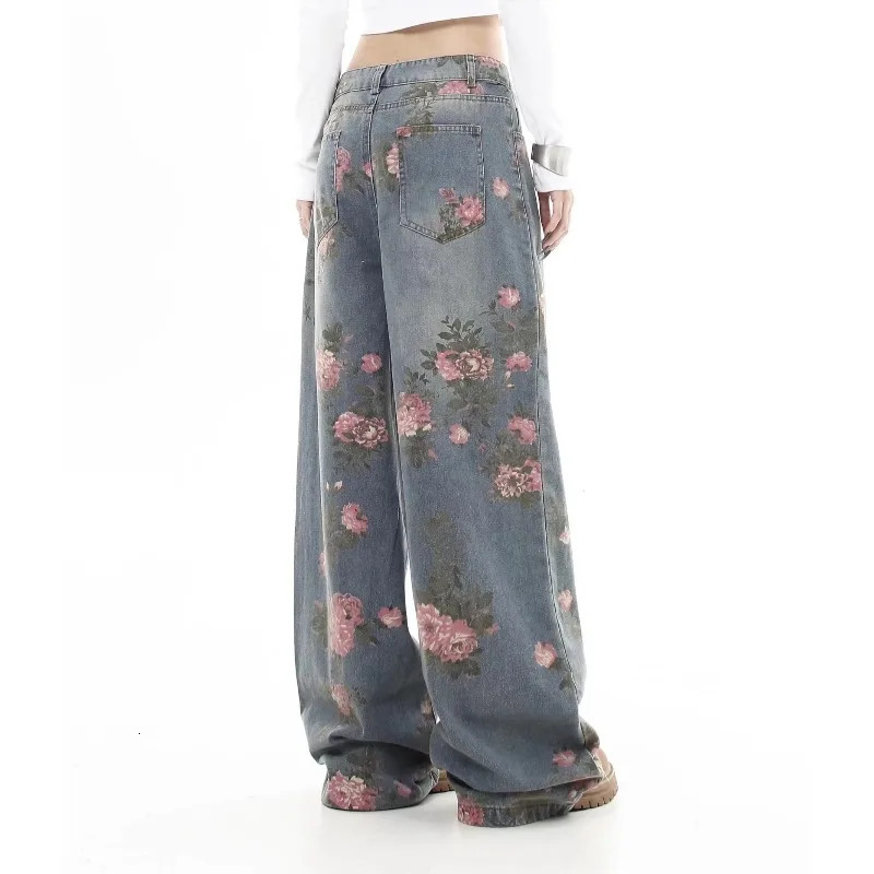 Womens Blue Flower Baggy Jeans Y2K Japanese Harajuku High Street Aesthetic High Waist Wide Leg Retro Jeans Pants Clothing 2025 251029