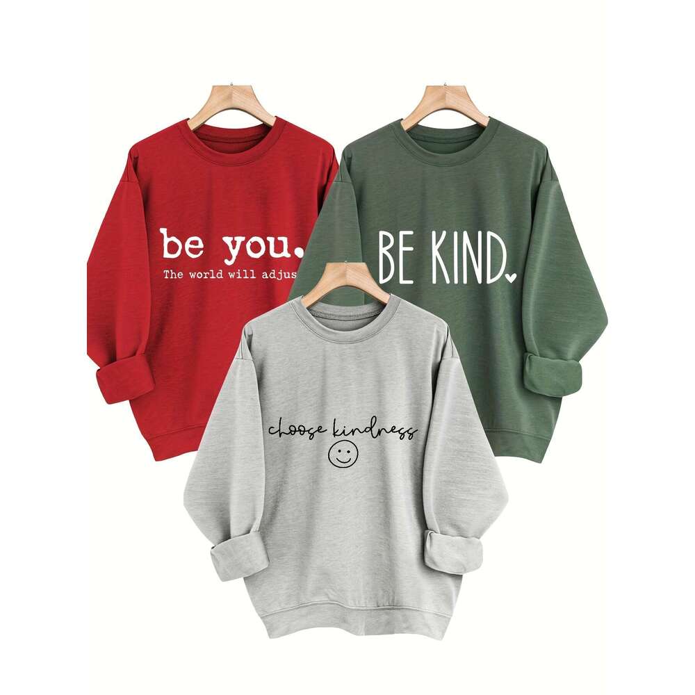 Pack Women S Casual Crew Neck Sweatshirts Alphabet Print Long Sleeve Pullover Polyester Elastane All Season Comfort Gsm Knit Fabric
