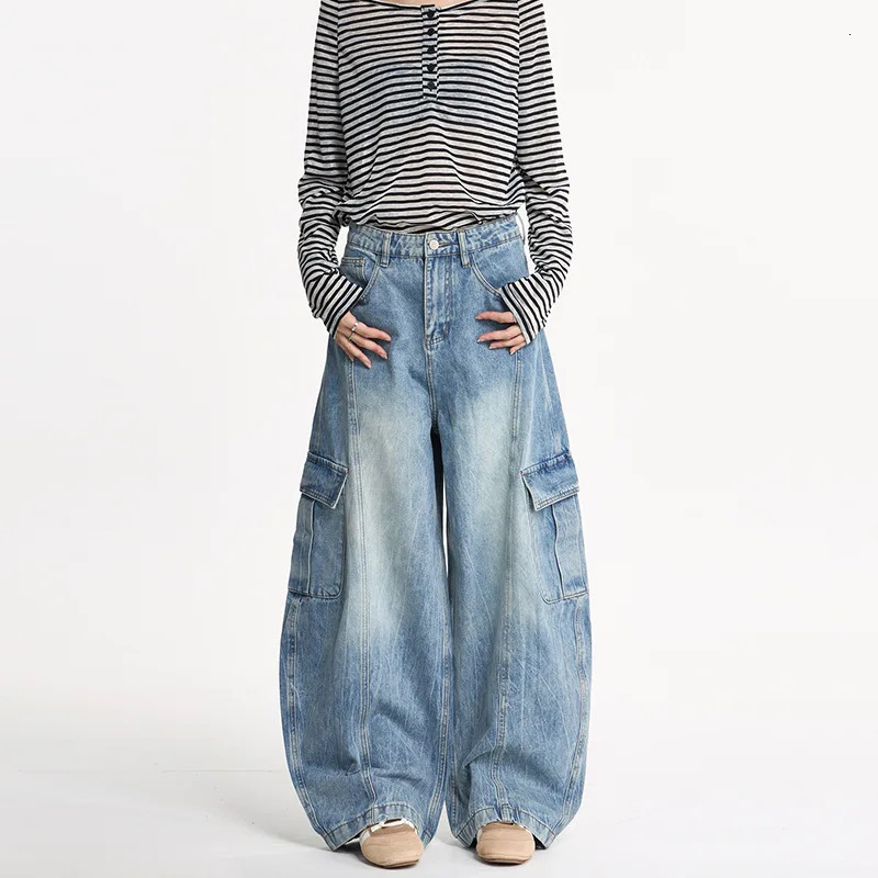 Americanstyle Washed LightningStitch Patchwork Oversized Pocket Workwear Pants Unisex Oversized Fit Denim Trousers Soft 251029