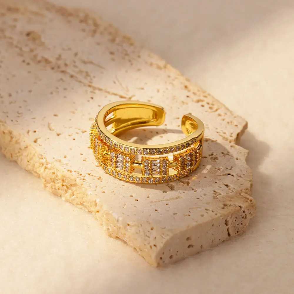 Stainless Steel Zircon Square Rings For Women Gold Color Geometric Adjustable Ring Wedding Aesthetic Jewelry Gift FemmeW251030
