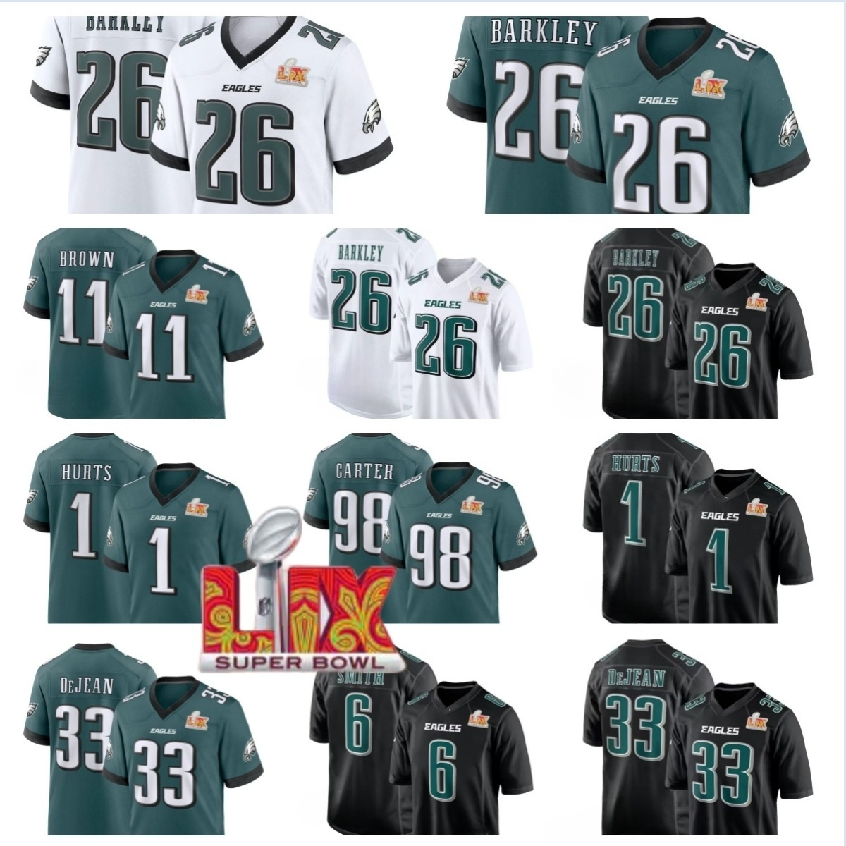 NFL Eagles Jersey Saquon Barkley Jalen Hurts DeVonta Smith A.J. Brown Cooper DeJean Jalen Carter Super Bowl LIX Game Player Football