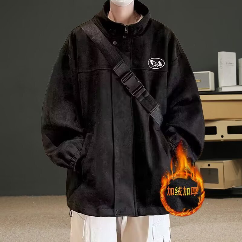 American Style Stand Collar Suede Jacket Men's Autumn Winter Fleece Lined Designer Coat Workwear Top Trendy Brand Cool High-end Casual Coat