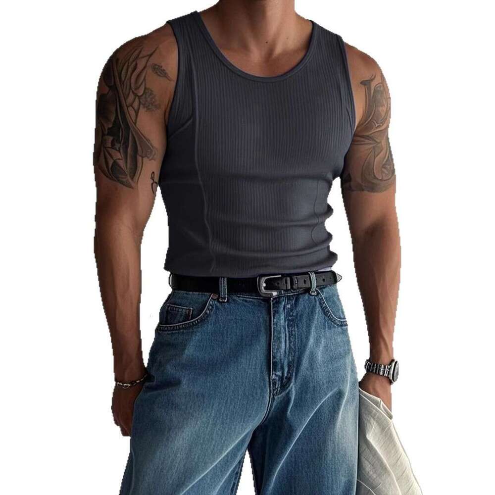 Summer Knitted Vertical Striped Fitness Sports Casual Slim Fit Tank Top Men's Sleeveless Wide Shoulder Vest Men