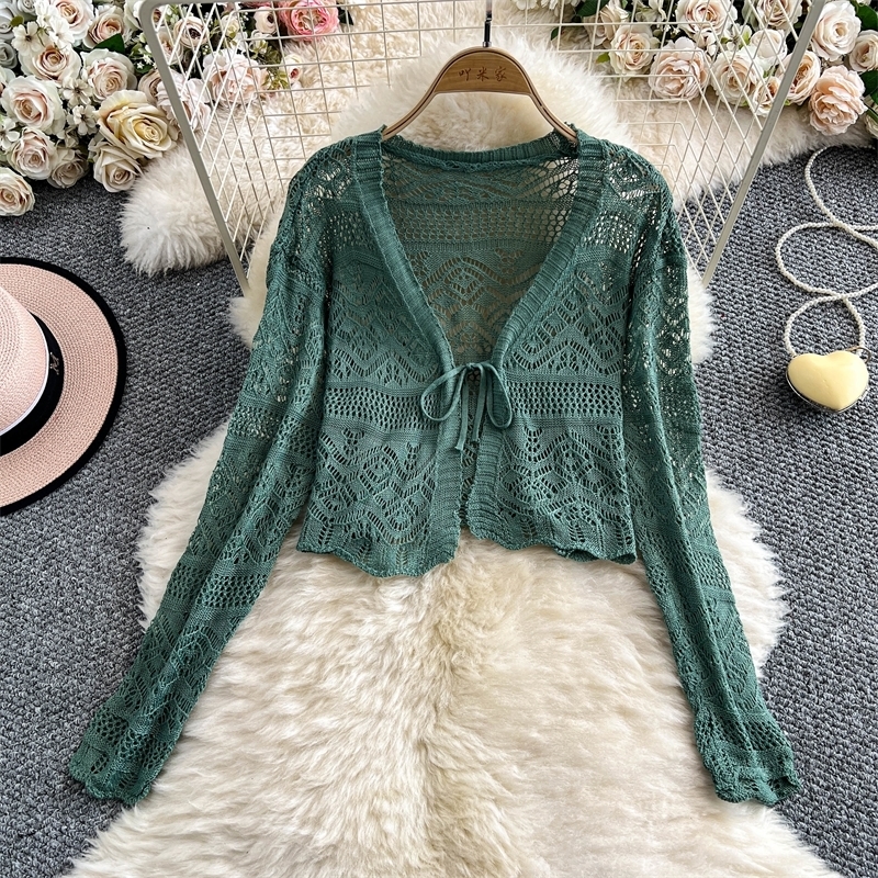 Women Tie Front Crop Cardigan Sheer Openwork Crochet Knit Top Lightweight Bolero Sweater Summer Fairycore Boho Chic Beach Outfit 251010
