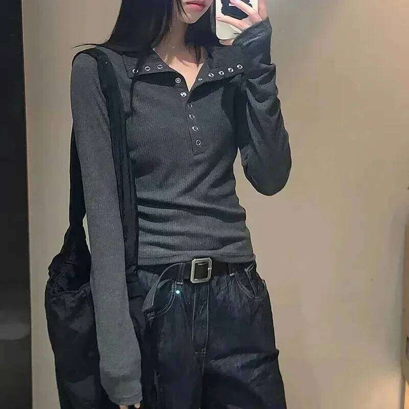 Y2k High Street Women Sweaters 2025 New Gray White Button Up Bottoming Pullover Woman Slim Fit Long Sleeve Knitted T-Shirt Designer Sweater Women Bear