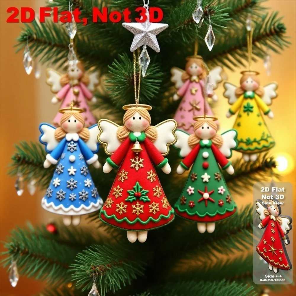 16pcs Artificial Wood Angel Ornaments with Golden Star Ribbon Bows 2D Flat Pendants for Christmas Thanksgiving New Year Decor C251030