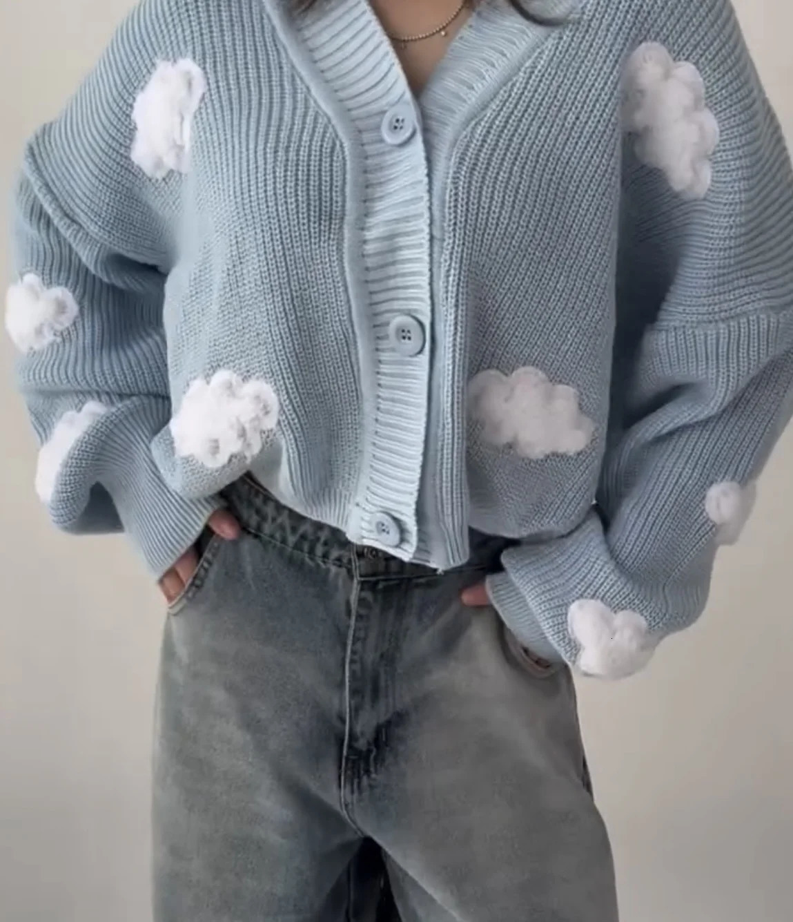 Harajuku Spliced Cardigan Knit Sweater Fashionable Casual Sweater Women American Y2k Cloud Embroidery Clothing Women 251029