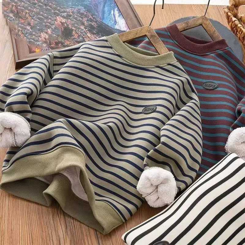Boys Striped FleeceLined Thickened Long Sleeve Sweatshirt 2025 Winter New Arrival Warm Base Layer MidBig Size TopT251030