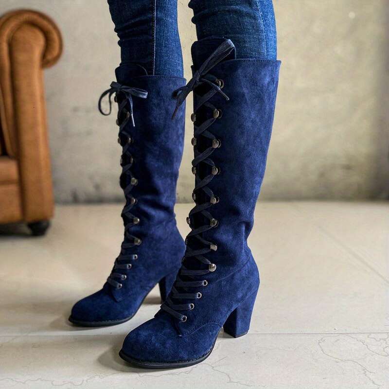 Women's Knee High Solid Color Lace Up Chunky Heeled Boots, Versatile Comfy Long Boots