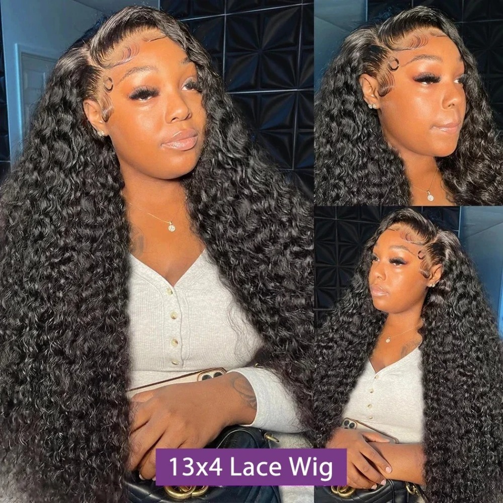 Black Curly Human Hair Wigs 13x4 HD Lace Front Wigs Deep Water Wave Lace Frontal Wigs Brazilian Hair Preplucked Ready To Wear Heat Resistant Synthetic