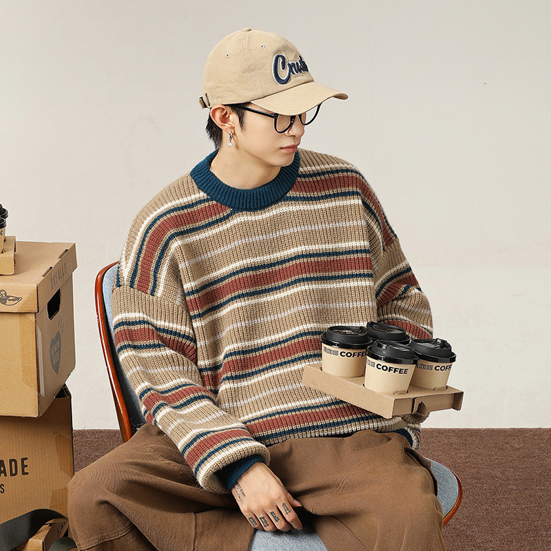 Designer Sweater Color Block Striped Crew Neck Sweater For Men Autumn And Winter Thick Knit Loose Fit Lazy Style Soft Pullover Knitwear Jacket