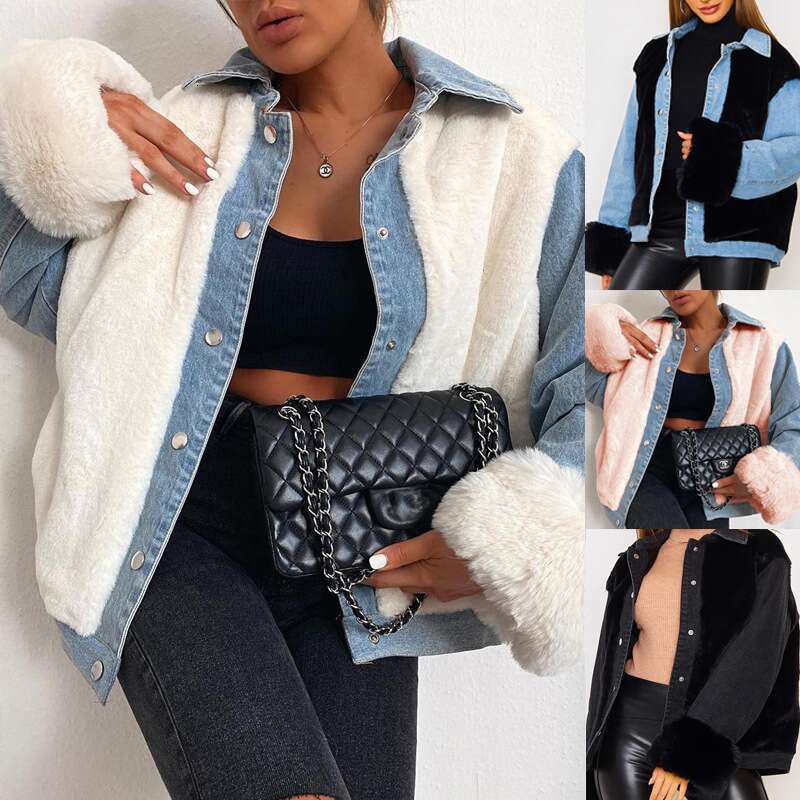 Women's European American Cross-Border Casual Plush Denim Splicing Warm Autumn And Winter Jacket Su2289