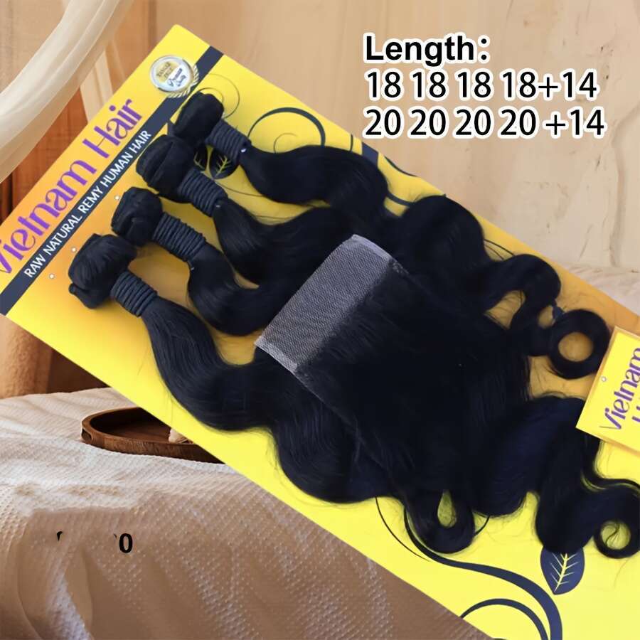 Body 4 Bundles With 4X4 Lace Clouse Hair Women, 1 Set Of Natural Black Big Wave Virgin Human Easy To Wear Women Daily Styling, Christmas Hairstyles,