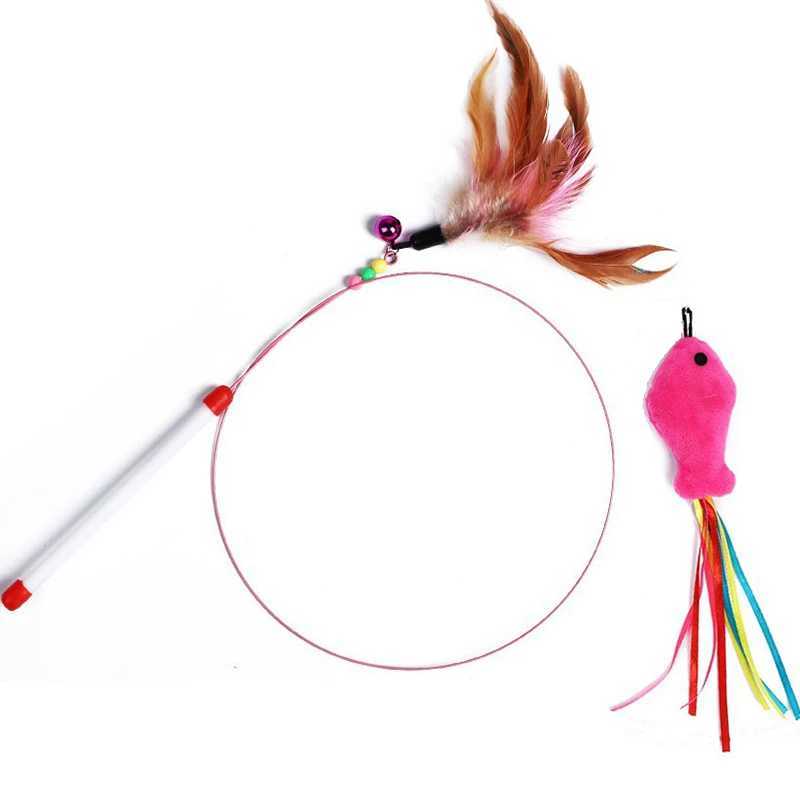 90cm Cat Toys Cat Teaser Wire Fish Funny Cat Rod Fishing Cat Rod Feather Bell Funny Cat Stick Pet Interactive Replaceable head S251029