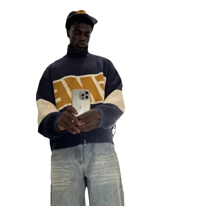 Y2K Trendy High Street Harajuku Zipper Sweater Men American Retro Streetwear 2025 Autumn and Winter Warm Knitted Cardigan Women 251029