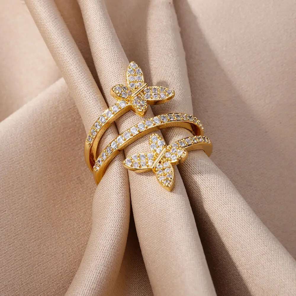 Zircon Double Butterfly Rings For Women Stainless Steel Gold Color Open Multilayer Ring Fashion Wedding Party Jewelry 251023