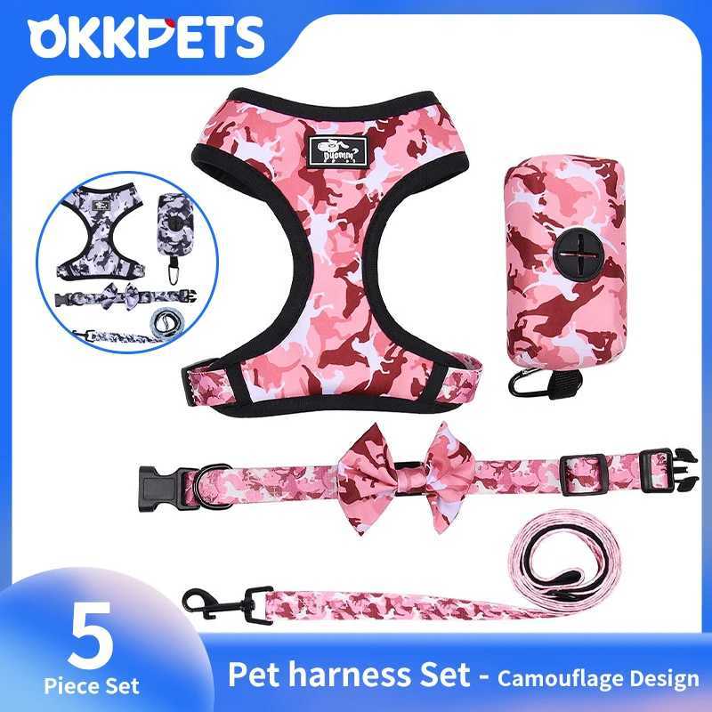 OKKPETS Camo Pet Dog Harness 5 Piece Set With Collar Leash Bow Tie Poop Bag Adjustable Puppy Comfortable No Pull Dog Accessories J251129