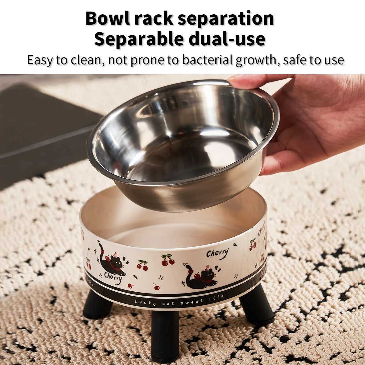 A fashion printed stainless steel pet bowl for feeding and water highlegged cat bowl with neck protection cartoon feeding dog J251113