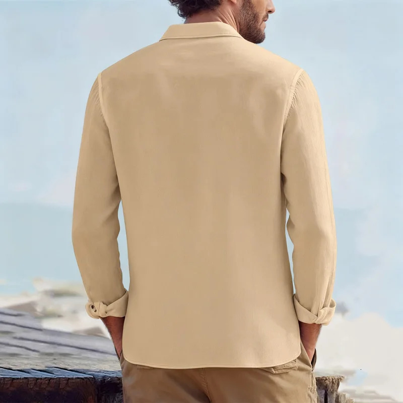 Mens spring and autumn linen cardigan long sleeved shirt casual loose breathable button top suitable for daily leisure or Party 251017