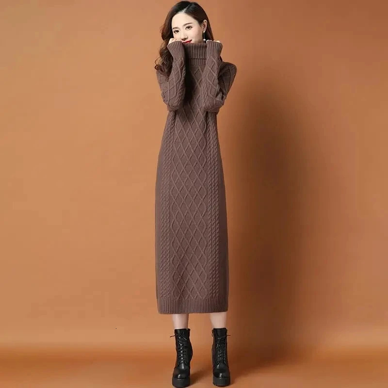 Female High Neck Long Sweater Women Thickened Autumn Winter Loose Outer Wear Twist Base Dress Femme Knit Dress Elegant 251029