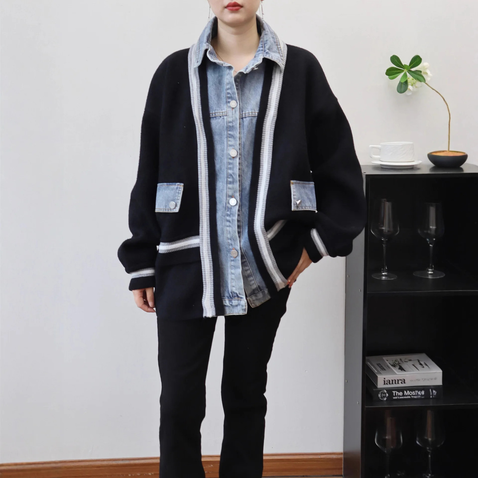 Women Knitted Spliced Cardigan Casual Jumpers Denim Patchwork Long Sleeves Single Breasted Thick Loose Office Lady 2025 Autumn 251029