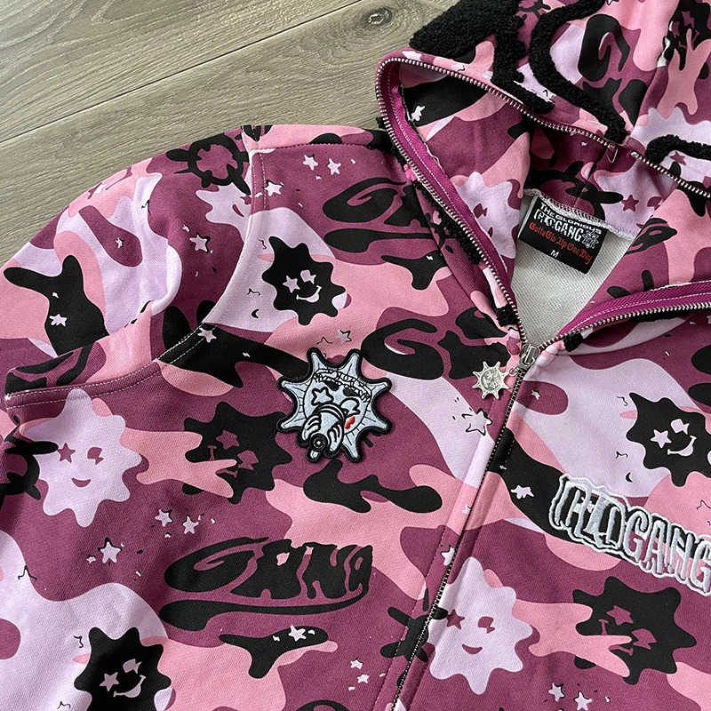 Glo Gang Sweatshirts Men Women Full Zip Hoodie High Street Trend Cartoon Print Sweatpants Po 251028