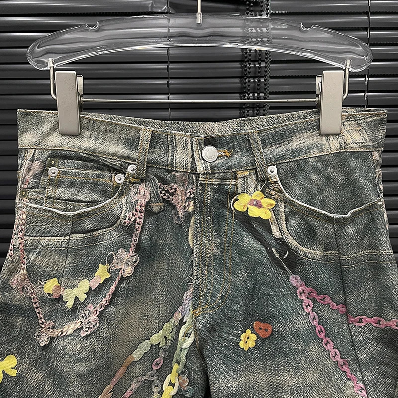 DEAT Fashion Womens 3D Chain Printed Contrast Color Jeans Niche High Waist Casual Denim Pants Female Trendy 11A04071 251029