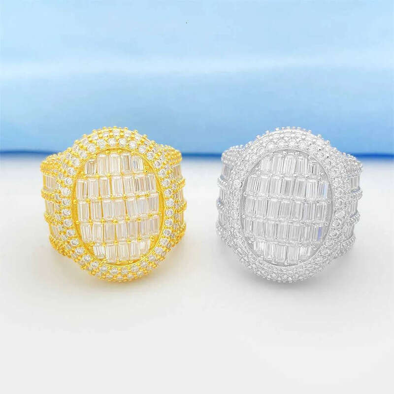 Sterling Sier Vvs Moissanite Dia Ring Iced Out Baguette Cut Hip Hop Men