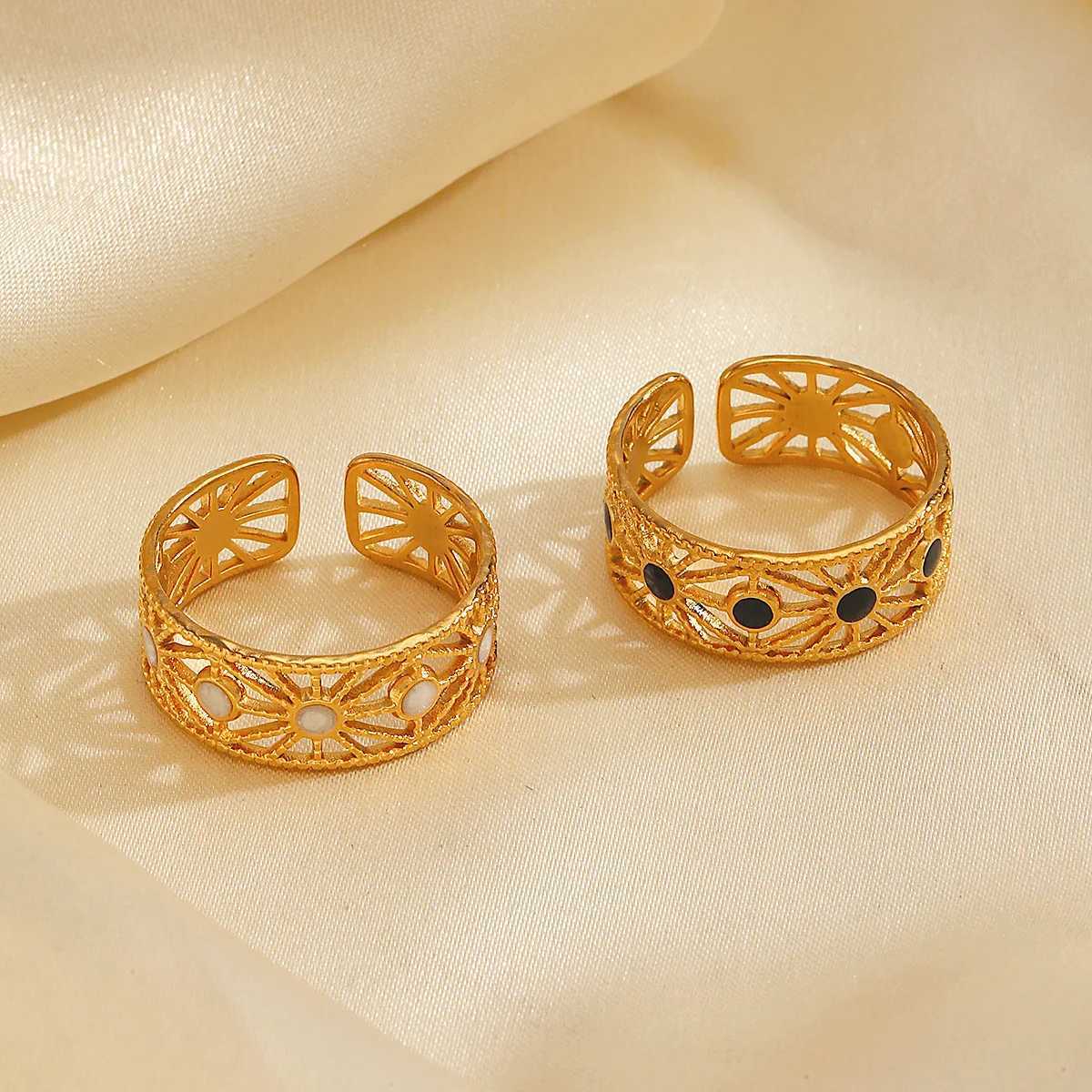 Geometric Hollow Enamel Womens Ring Adjustable Open Gold Plated Stainless Steel Luxury Quality Jewelry for EngagementW251030