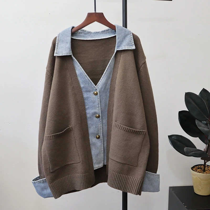 DEAT 2025 Autumn Patchwork Denim Knitted Cardigan For Women Loose Singlebreasted Sweater Coat Female Trendy 11A05629 251029