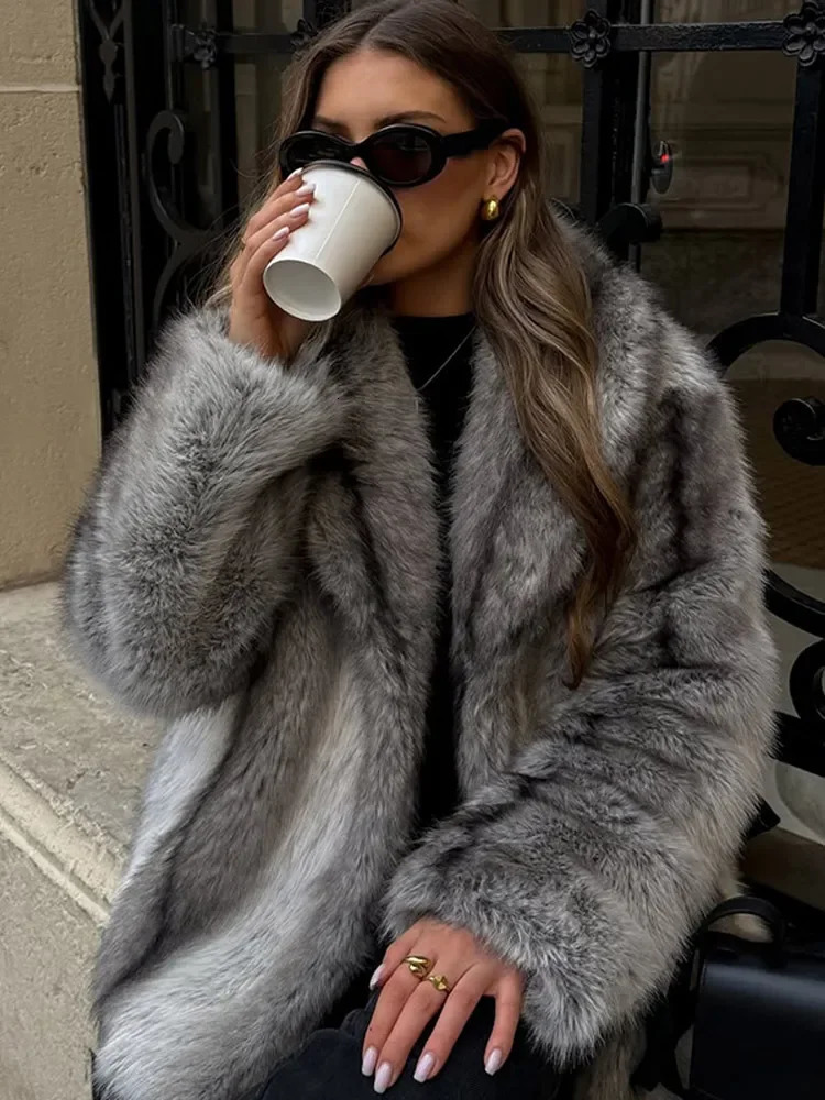 Elegant Printed Faux Fur Coats For Women Chic V Neck Long Sleeve Winter Jackets Ladies Warm Fashion Outerwears 251029