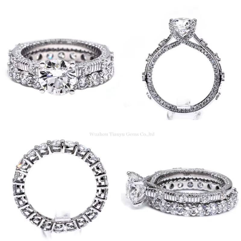 Tianyu gems Custom Made Moissanite Diamond Round Hearts And Arrows Cut 75mm 15ct 18k White Gold Ring Set For Women