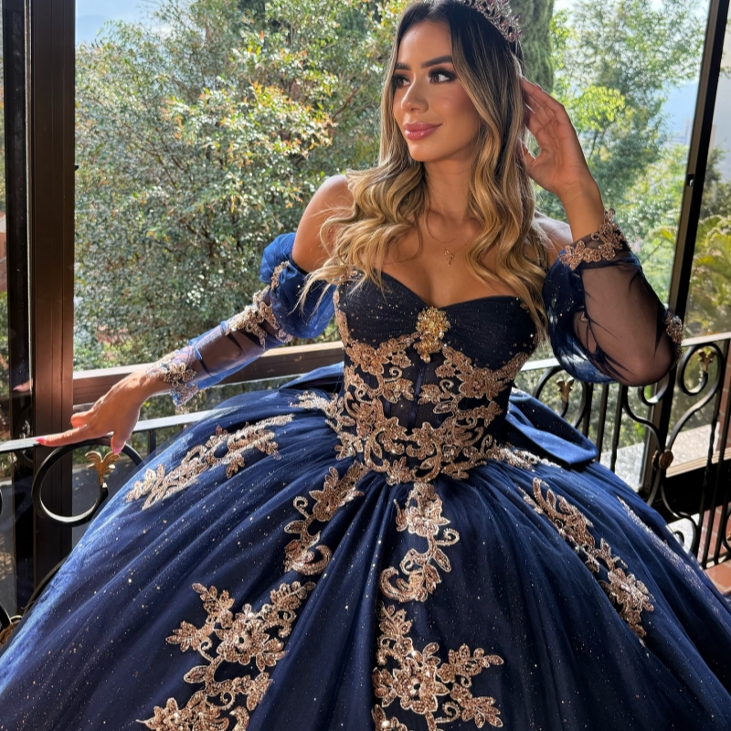 Navy Blue Shiny Quinceanera Dresses Off The Shoulder Applique Lace Beads Bow Tull Party Birthday Sweet 16 Dress Vestidos 15 Anos