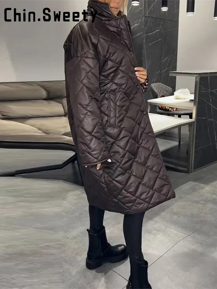 Fashion Leopard Split Long Quilted Jacket Women Loose Lapel Single Breast Street Warm Coat 2025 Autumn Winter Lady Outwear 251030