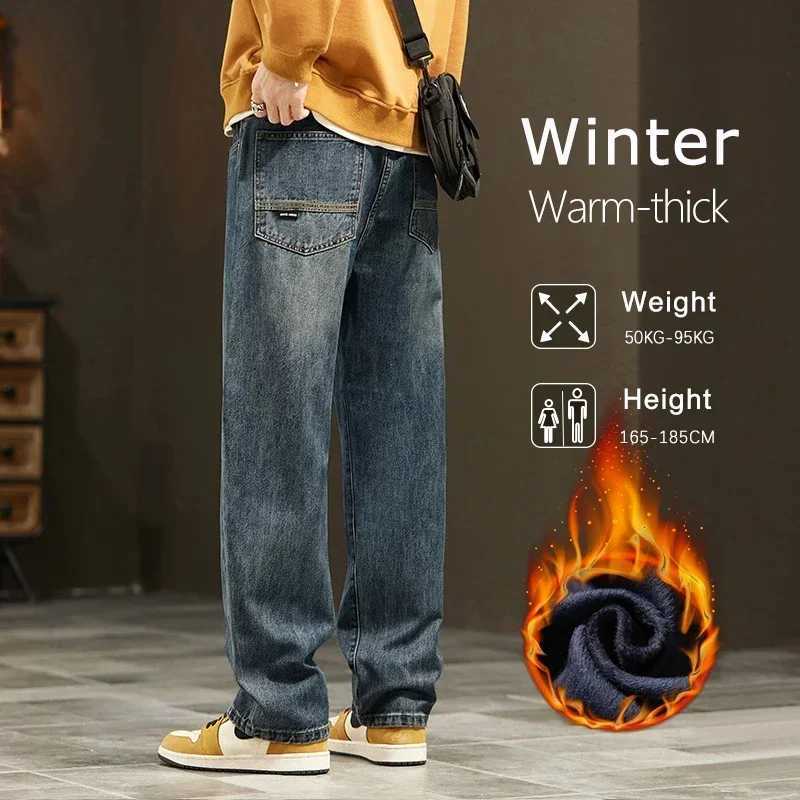Thick Vintage Jeans Mens Winter Straight Warm Fleece Baggy Thermal Denim Trousers Fashion Korean Wide Male Plush Pants J251030