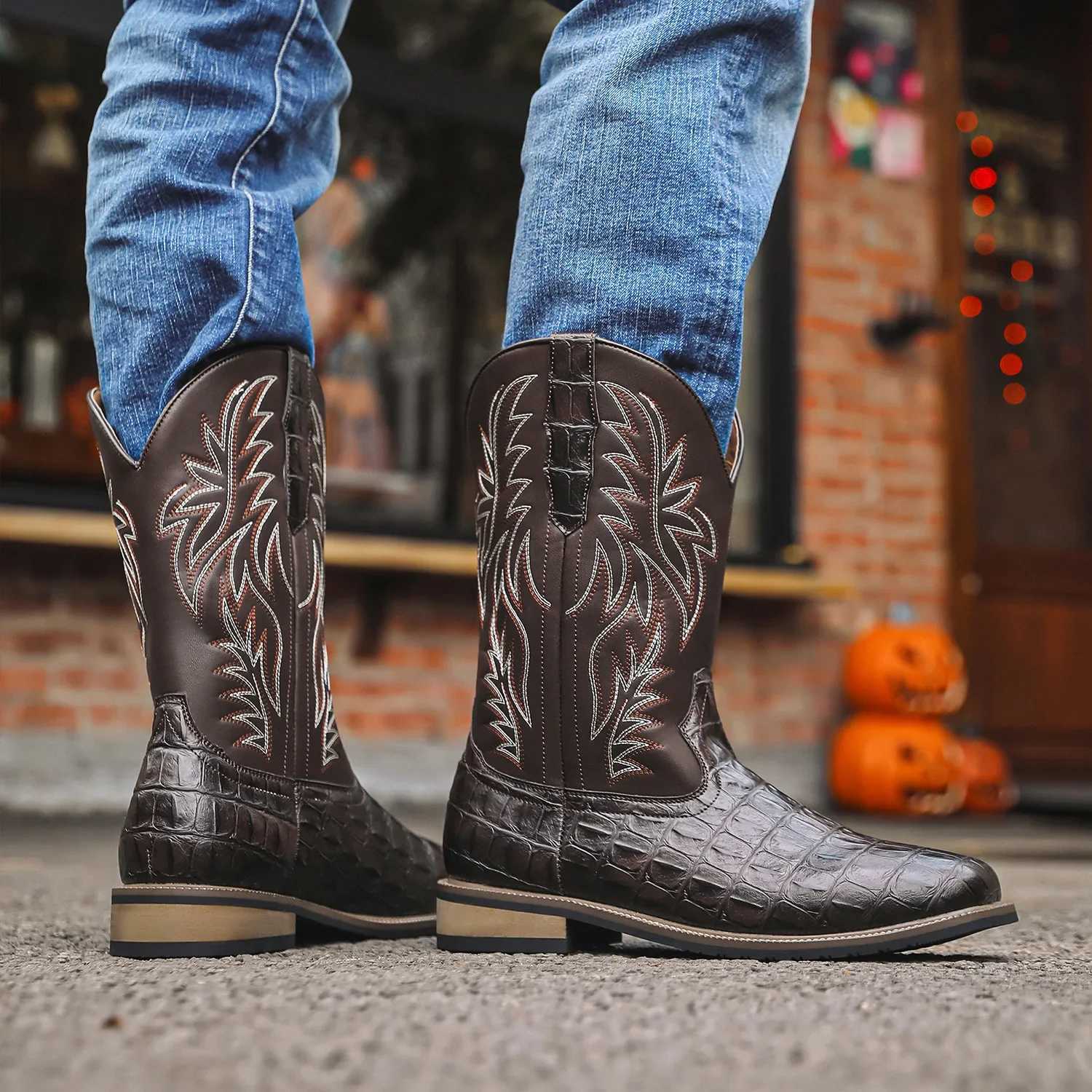 Mens Boots Cowboy Boots Imitation Crocodile Pattern High Tube Embroidered Retro Wide Head Western Cowboy Boots Mens Shoes Z251029